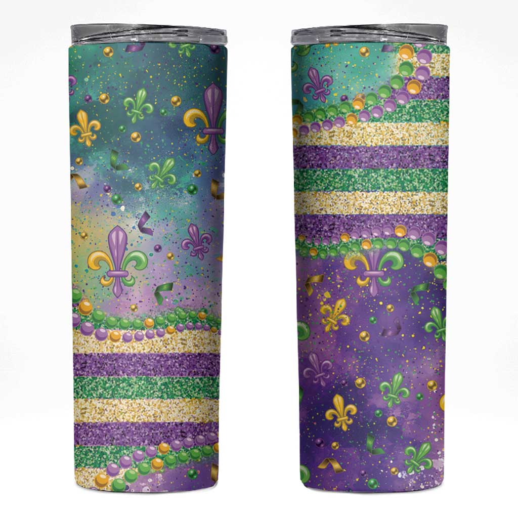 Mardi Gras Fleur De Lis Skinny Tumbler With Beads Glitter Pattern - Wonder Print Shop