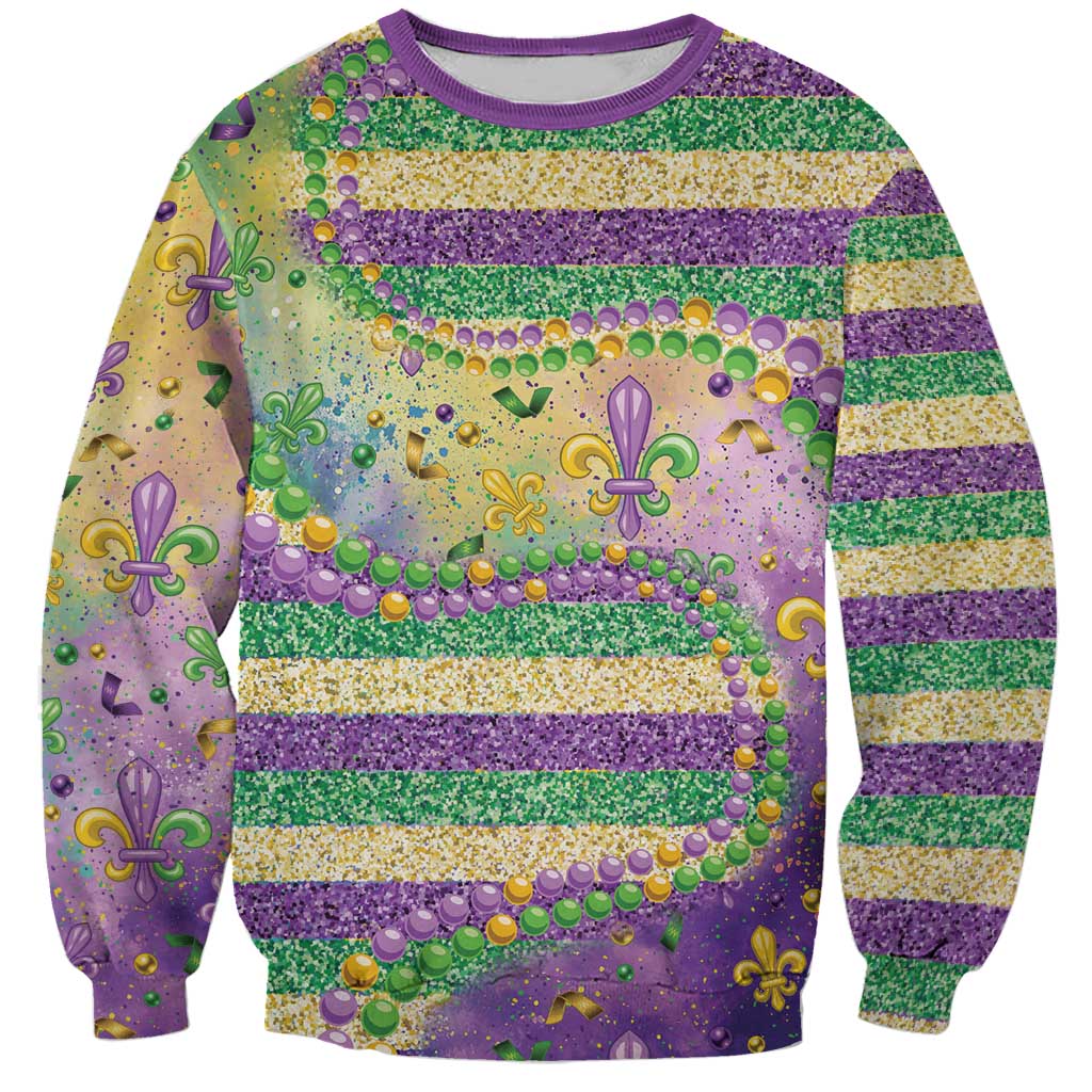 Unisex purple Mardi Gras sweatshirt with glitter fleur-de-lis, bead accents, striped pattern