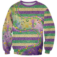 Unisex purple Mardi Gras sweatshirt with glitter fleur-de-lis, bead accents, striped pattern