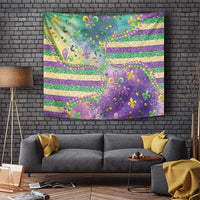 Mardi Gras purple tapestry wall hanging with gold and green glitter stripes, fleur-de-lis beads