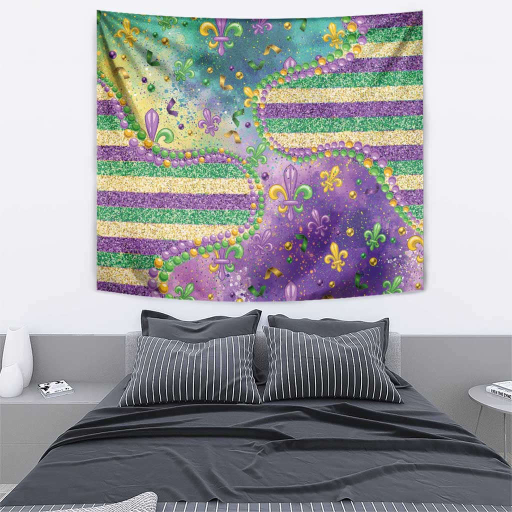 Mardi Gras purple rectangular tapestry with gold and green glitter stripes, fleur-de-lis bead details