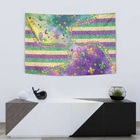 Mardi Gras purple wall tapestry with swirling fleur-de-lis motifs and gold, green glitter bead accents