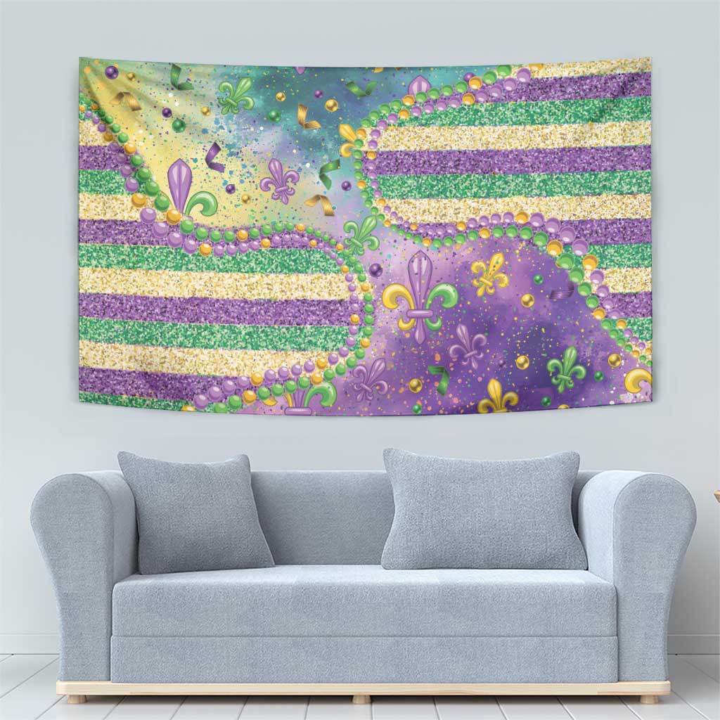 Mardi Gras purple tapestry featuring fleur-de-lis design, gold and green glitter stripes, bead trim