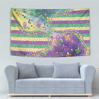 Mardi Gras purple tapestry featuring fleur-de-lis design, gold and green glitter stripes, bead trim