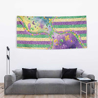 Mardi Gras purple tapestry wall hanging with gold and green glitter stripes, fleur-de-lis bead clusters