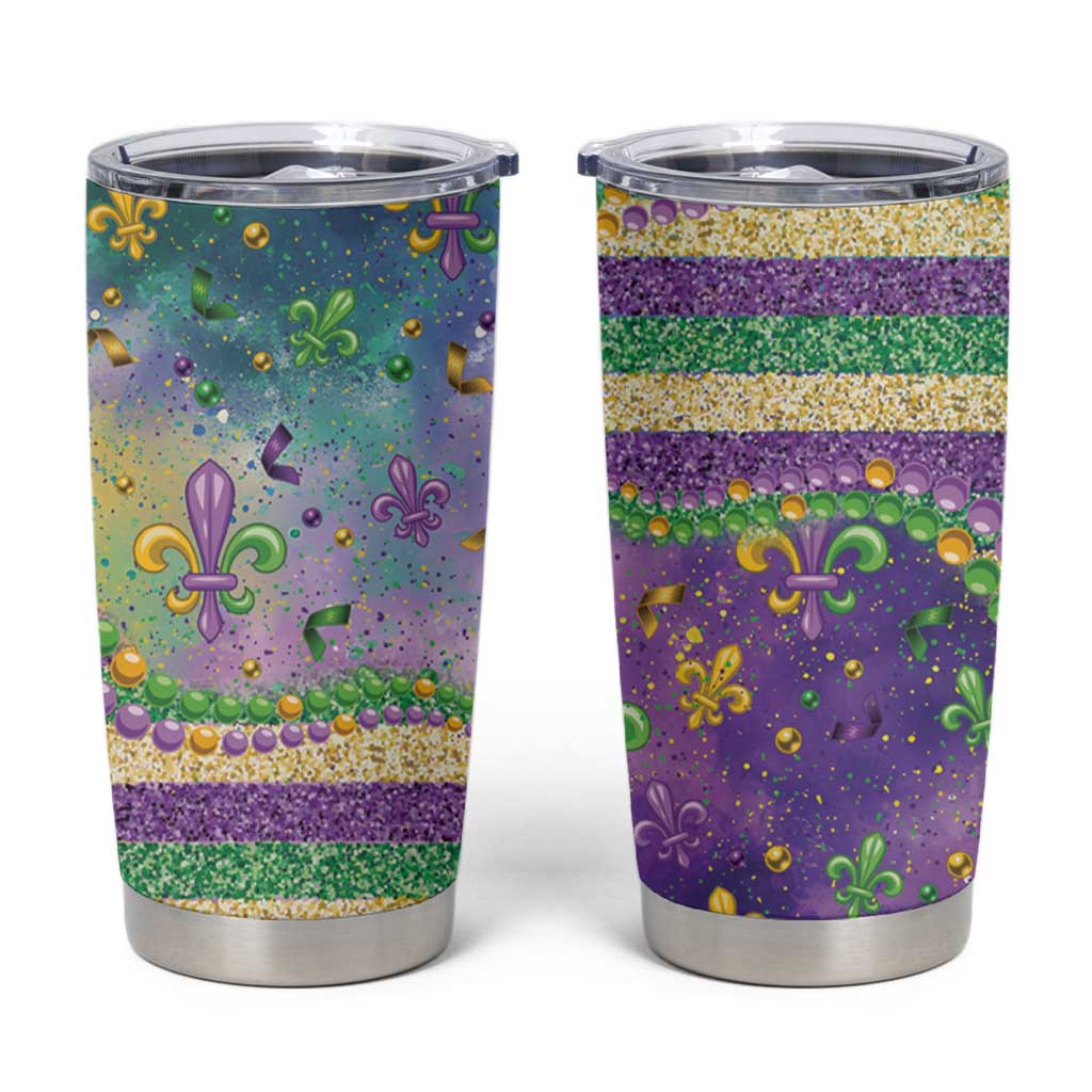 Mardi Gras Fleur De Lis Tumbler Cup With Beads Glitter Pattern - Wonder Print Shop