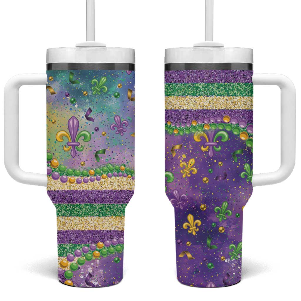 Mardi Gras Fleur De Lis Tumbler With Handle With Beads Glitter Pattern - Wonder Print Shop