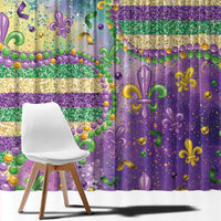 Fleur de lis window curtain panel with purple teal green bead glitter pattern and gold stripe bands.