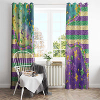 Purple and teal Mardi Gras curtains with fleur de lis motifs, gold stripes, and dangling bead accents.