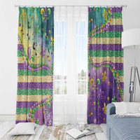 Set of purple and teal fleur de lis window curtains with glitter bead look, gold stripes, and hooks.