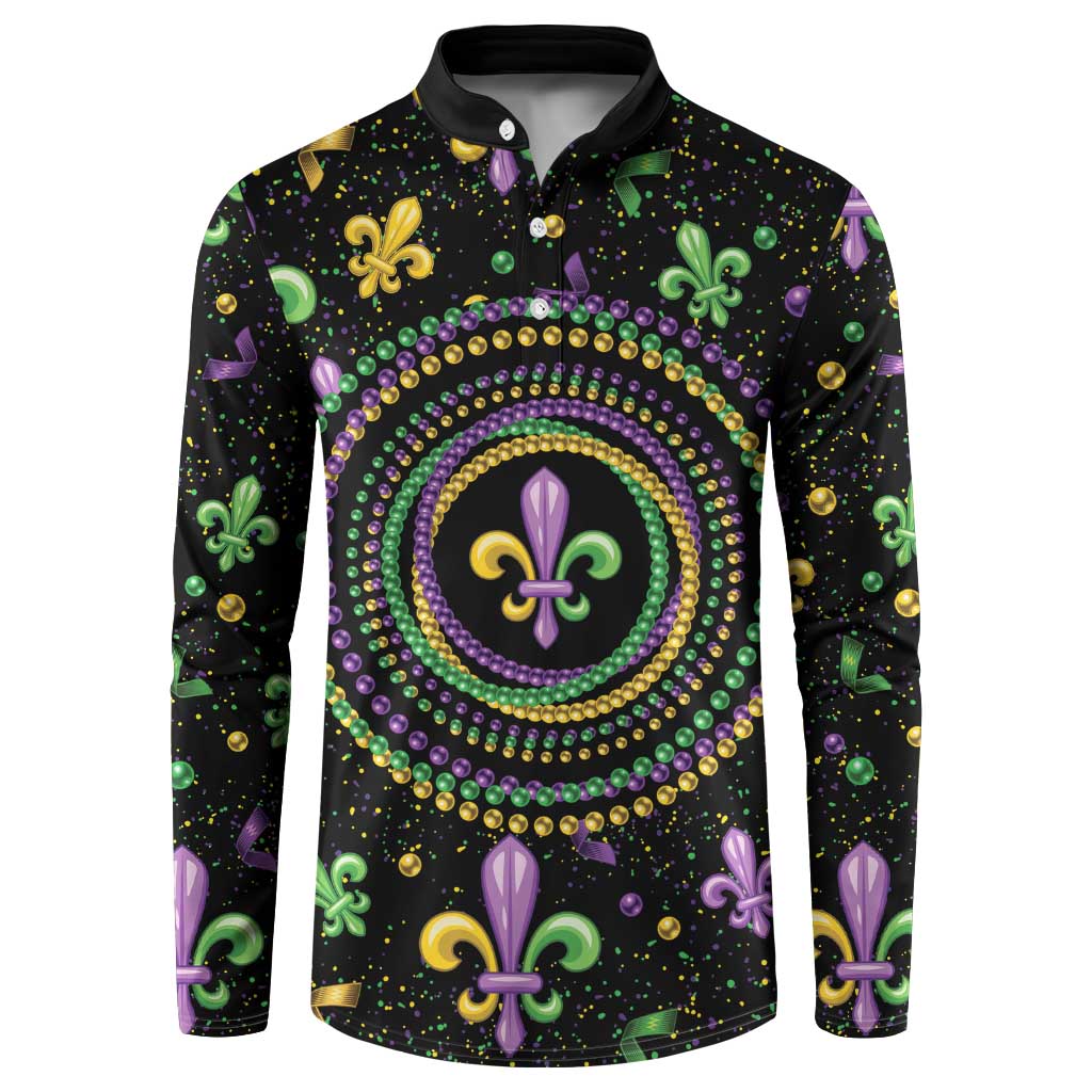 Mardi Gras Fleur De Lis Button Sweatshirt With Round Carnival Beads