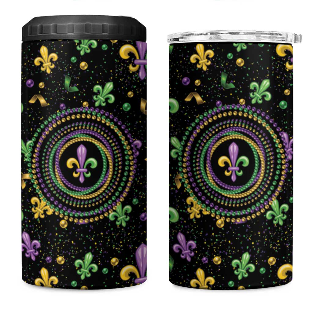 Mardi Gras Fleur De Lis 4 in 1 Can Cooler Tumbler With Round Carnival Beads