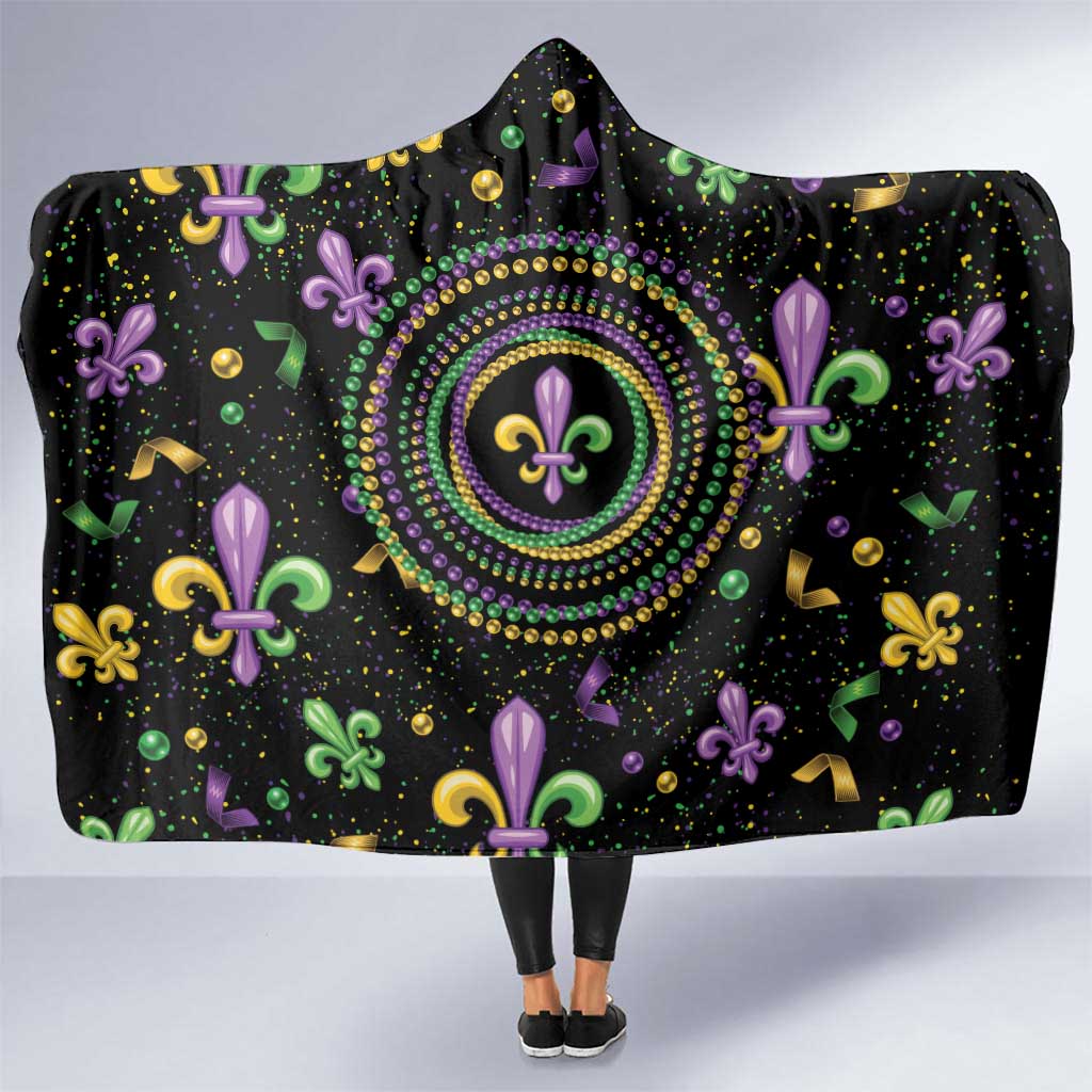 Mardi Gras Fleur De Lis Hooded Blanket With Round Carnival Beads