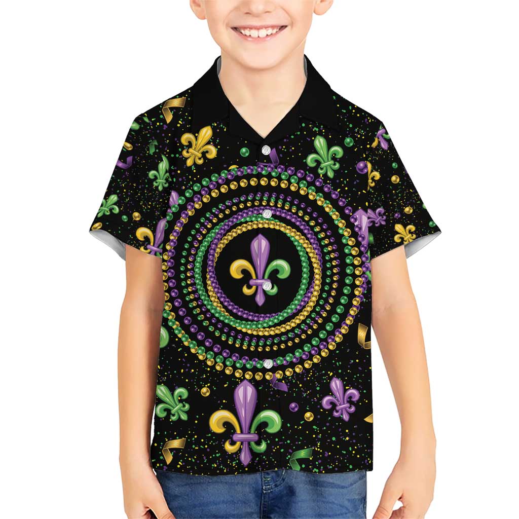 Mardi Gras Fleur De Lis Kid Hawaiian Shirt With Round Carnival Beads - Wonder Print Shop