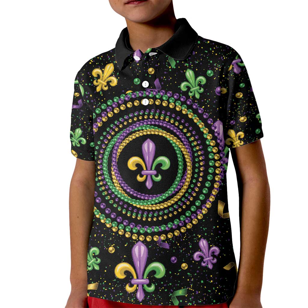 Mardi Gras Fleur De Lis Kid Polo Shirt With Round Carnival Beads - Wonder Print Shop