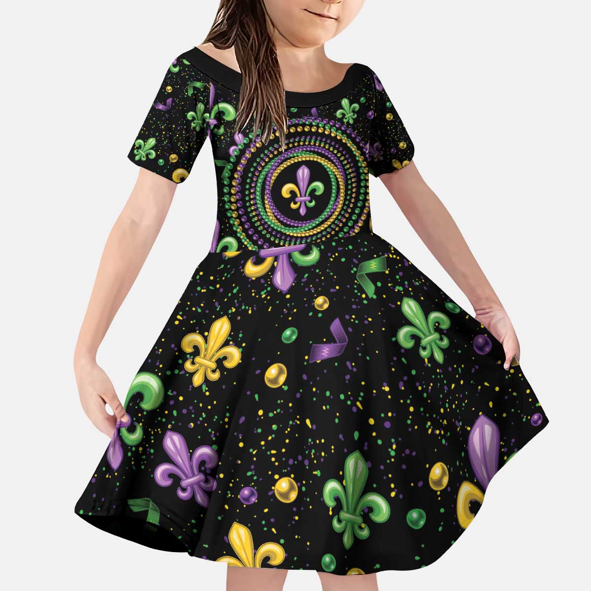 Mardi Gras Fleur De Lis Kid Short Sleeve Dress With Round Carnival Beads - Wonder Print Shop