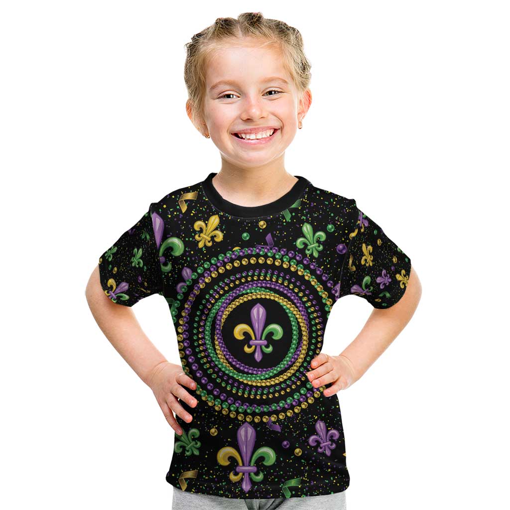 Mardi Gras Fleur De Lis Kid T Shirt With Round Carnival Beads - Wonder Print Shop