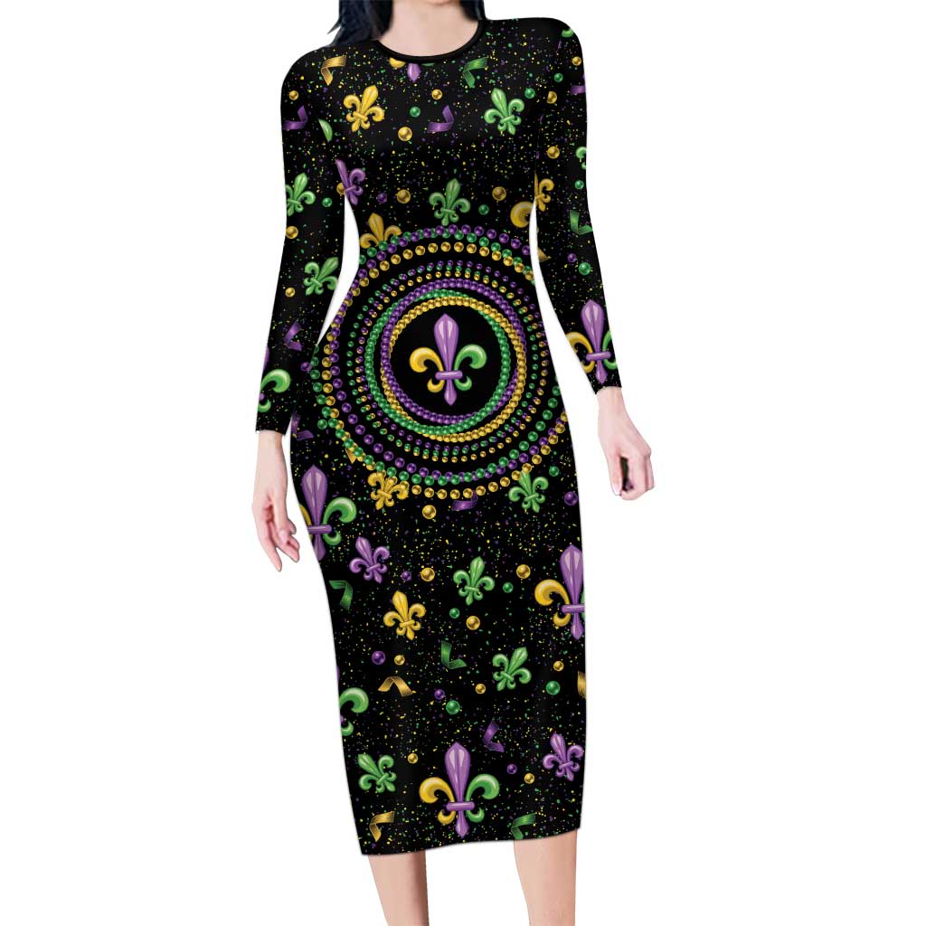 Mardi Gras Fleur De Lis Long Sleeve Bodycon Dress With Round Carnival Beads - Wonder Print Shop