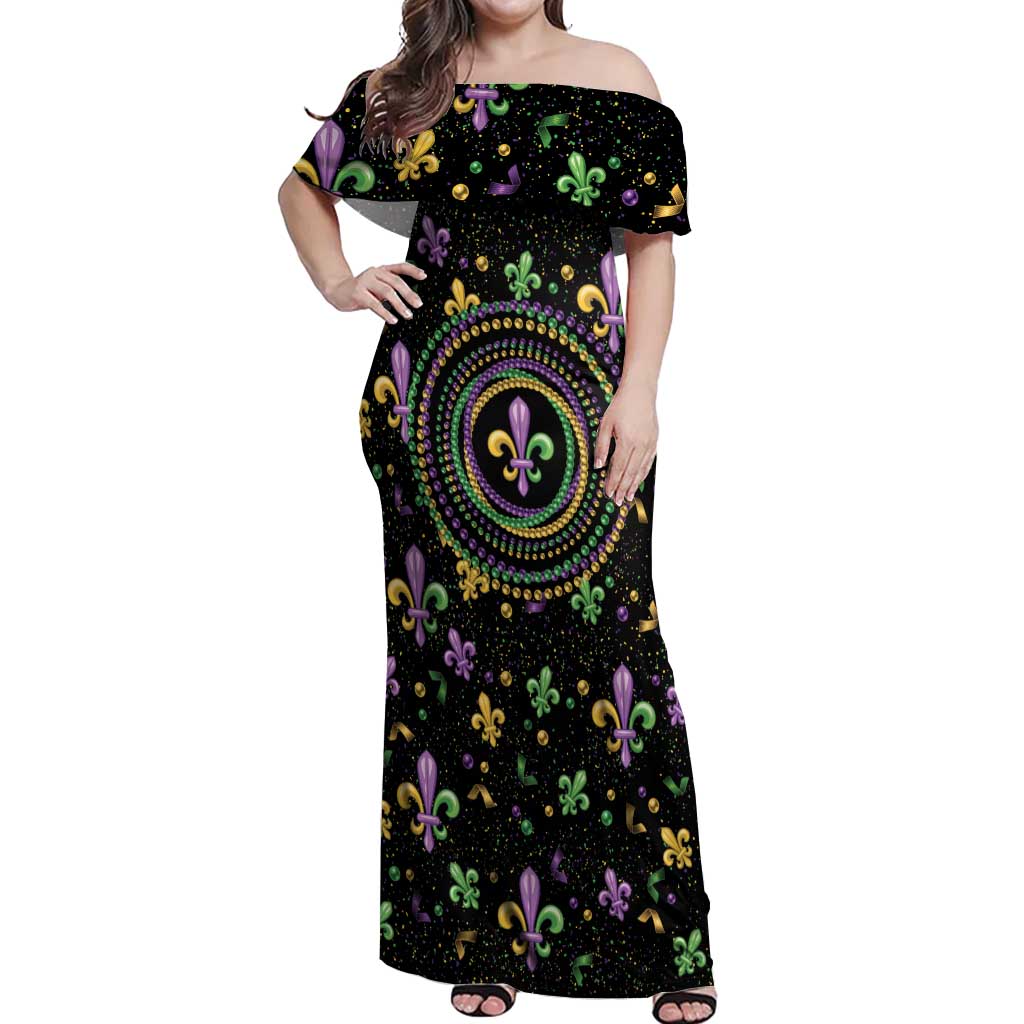 Mardi Gras Fleur De Lis Off Shoulder Maxi Dress With Round Carnival Beads - Wonder Print Shop