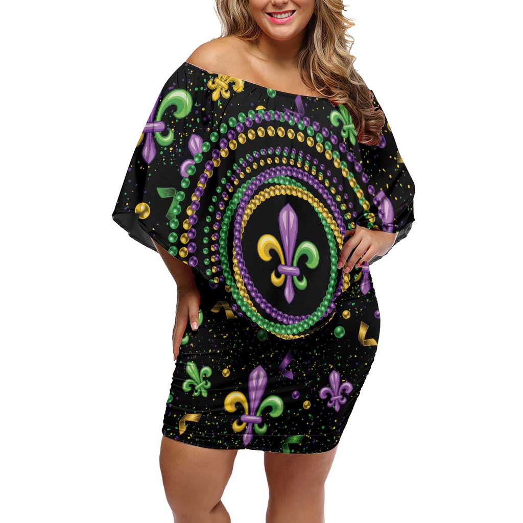 Mardi Gras Fleur De Lis Off Shoulder Short Dress With Round Carnival Beads - Wonder Print Shop