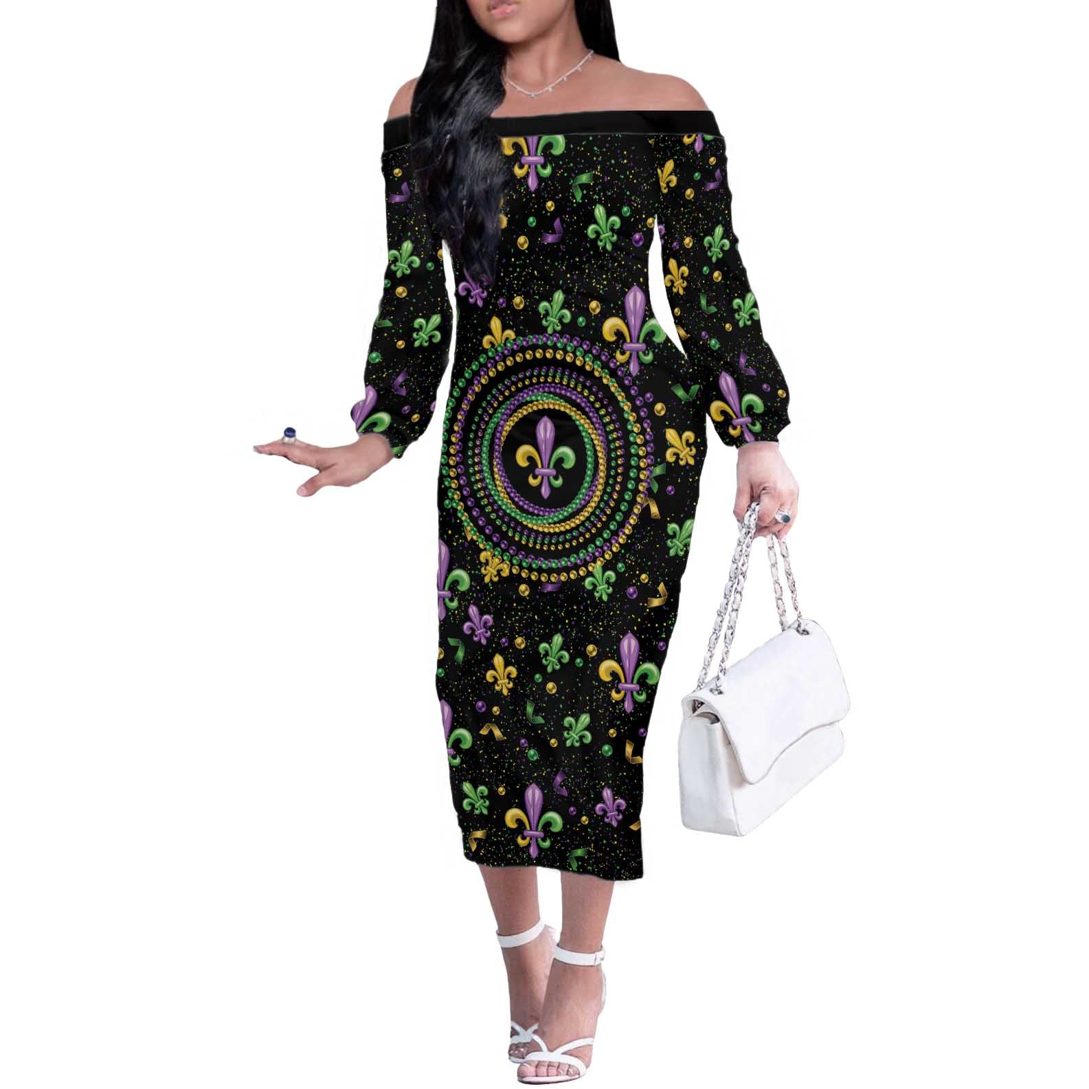 Mardi Gras Fleur De Lis Off The Shoulder Long Sleeve Dress With Round Carnival Beads - Wonder Print Shop