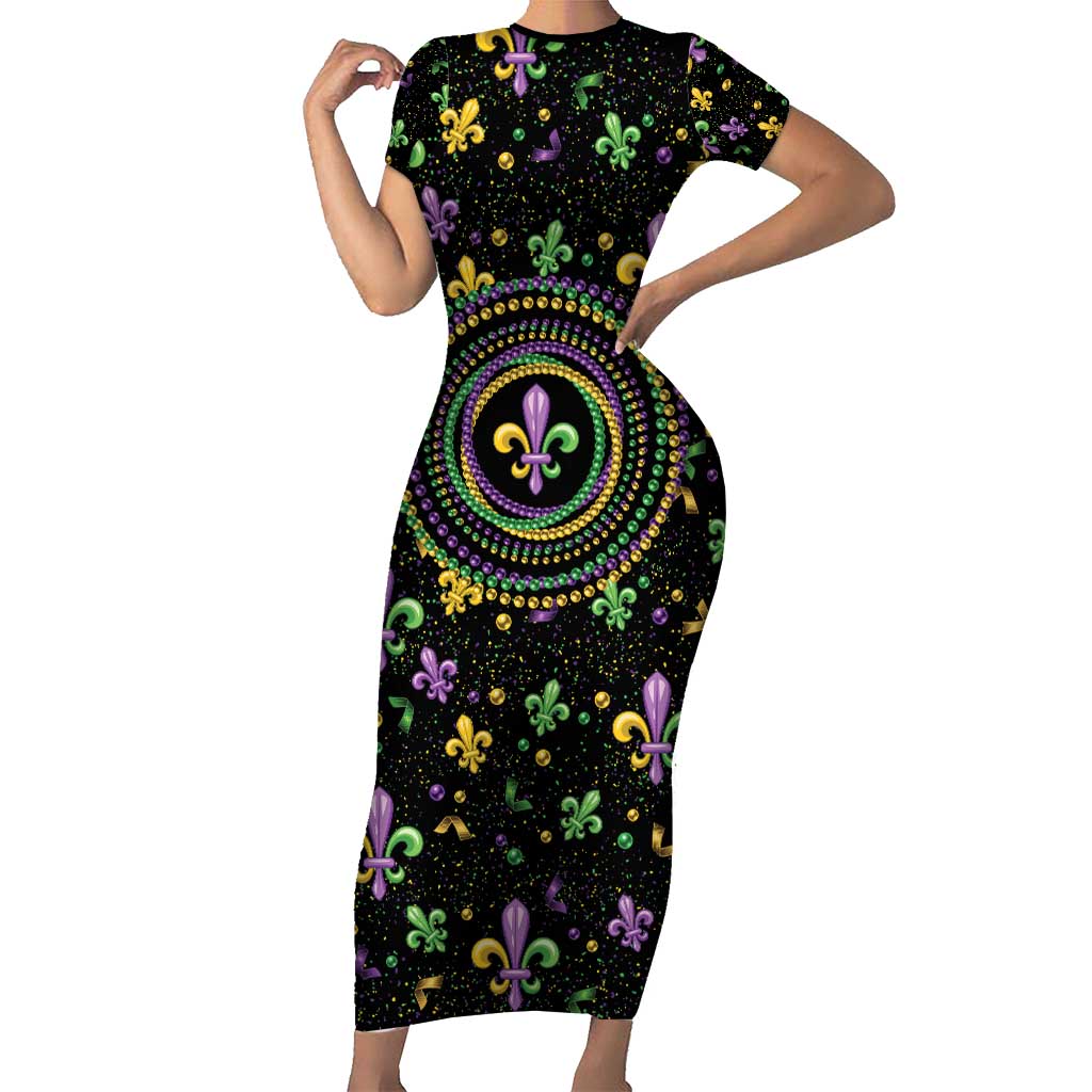 Mardi Gras Fleur De Lis Short Sleeve Bodycon Dress With Round Carnival Beads - Wonder Print Shop