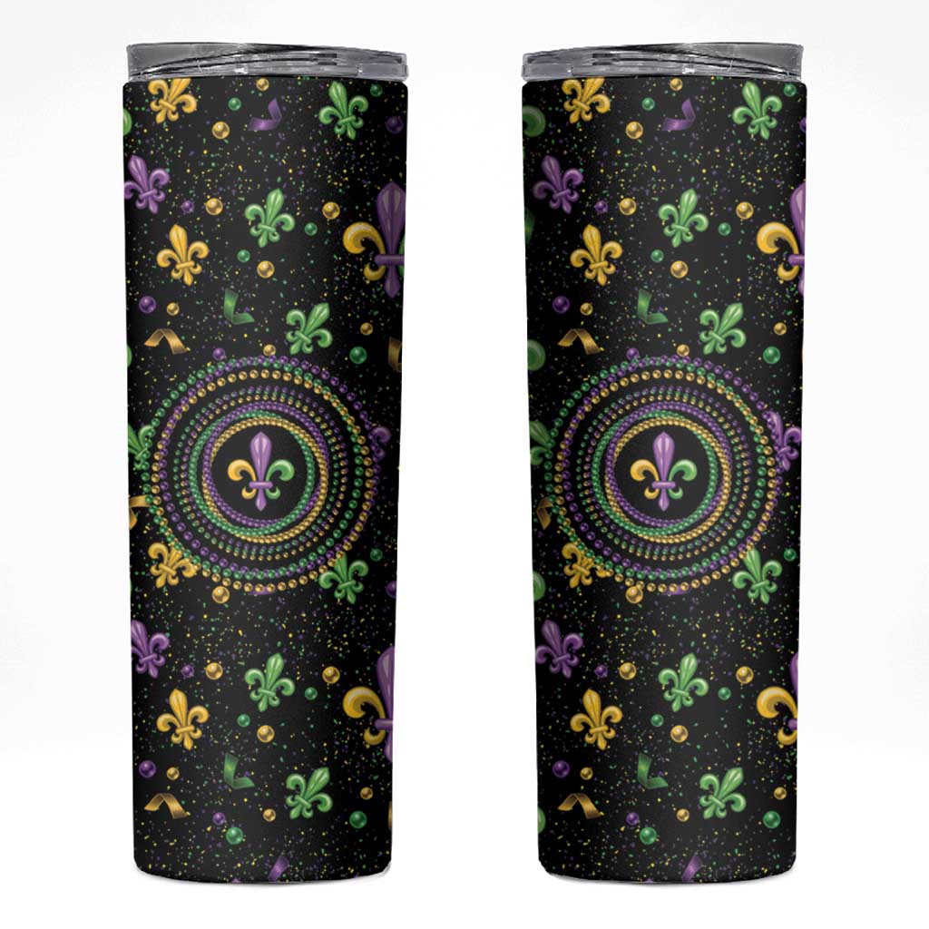 Mardi Gras Fleur De Lis Skinny Tumbler With Round Carnival Beads - Wonder Print Shop