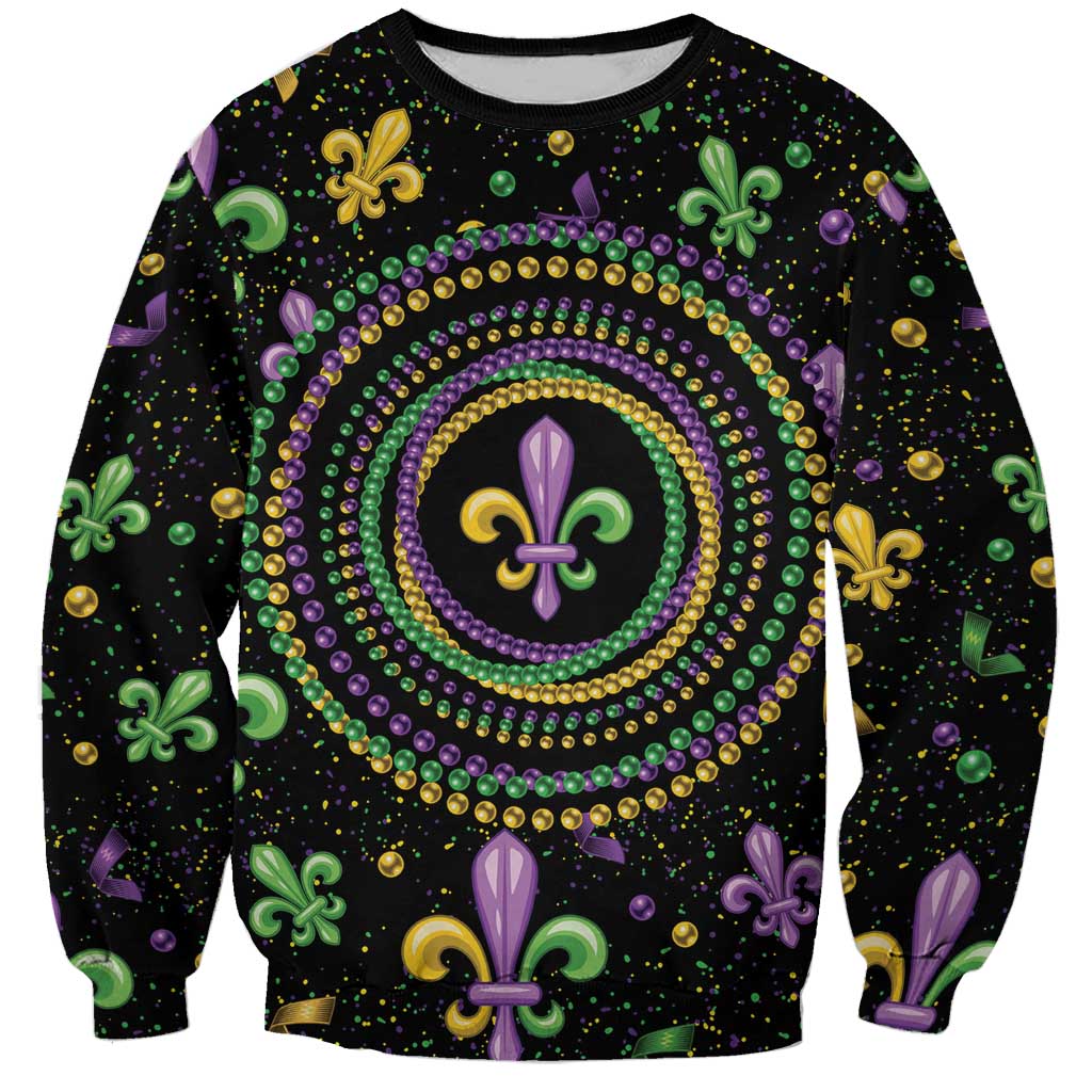 Mardi Gras Fleur De Lis Sweatshirt With Round Carnival Beads - Wonder Print Shop