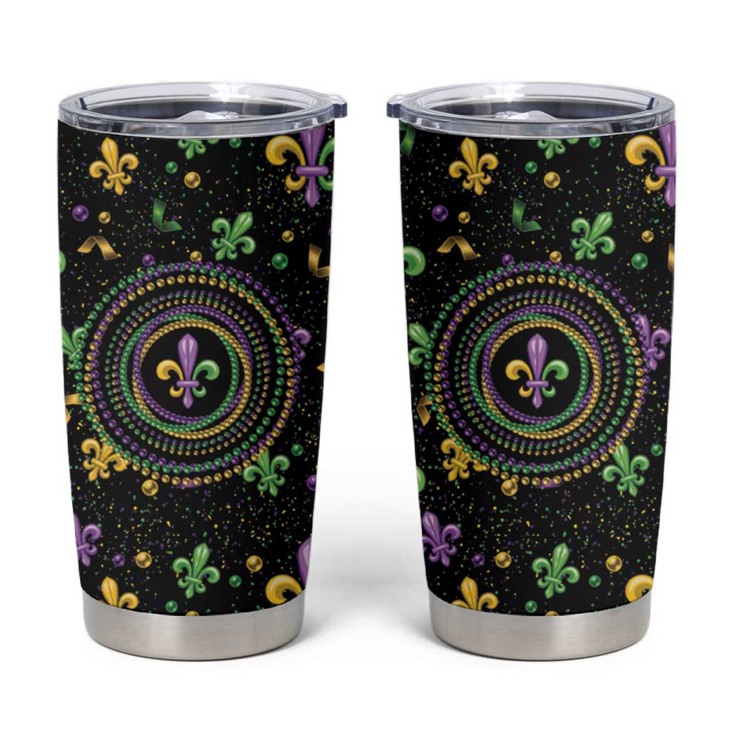 Mardi Gras Fleur De Lis Tumbler Cup With Round Carnival Beads - Wonder Print Shop