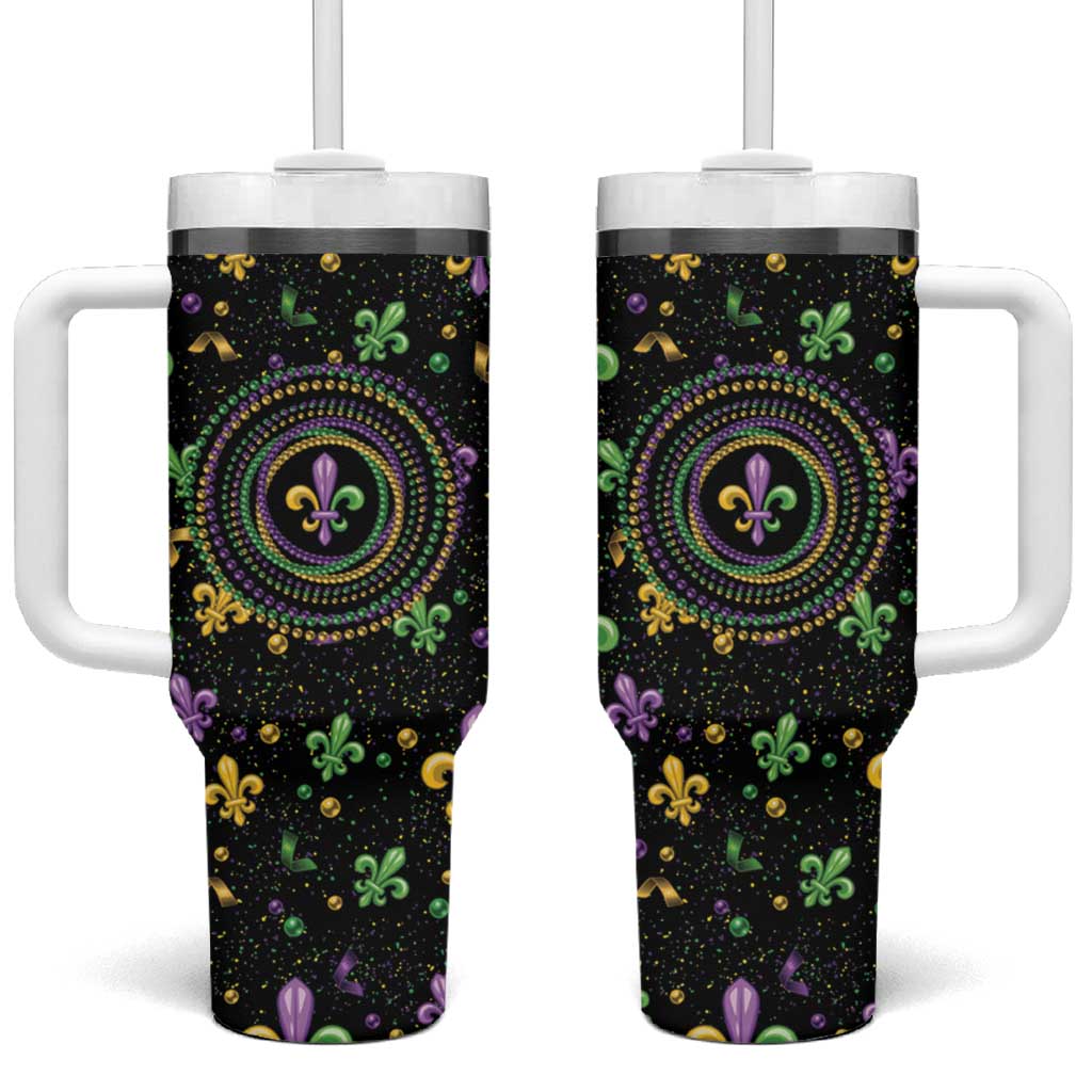 Mardi Gras Fleur De Lis Tumbler With Handle With Round Carnival Beads - Wonder Print Shop