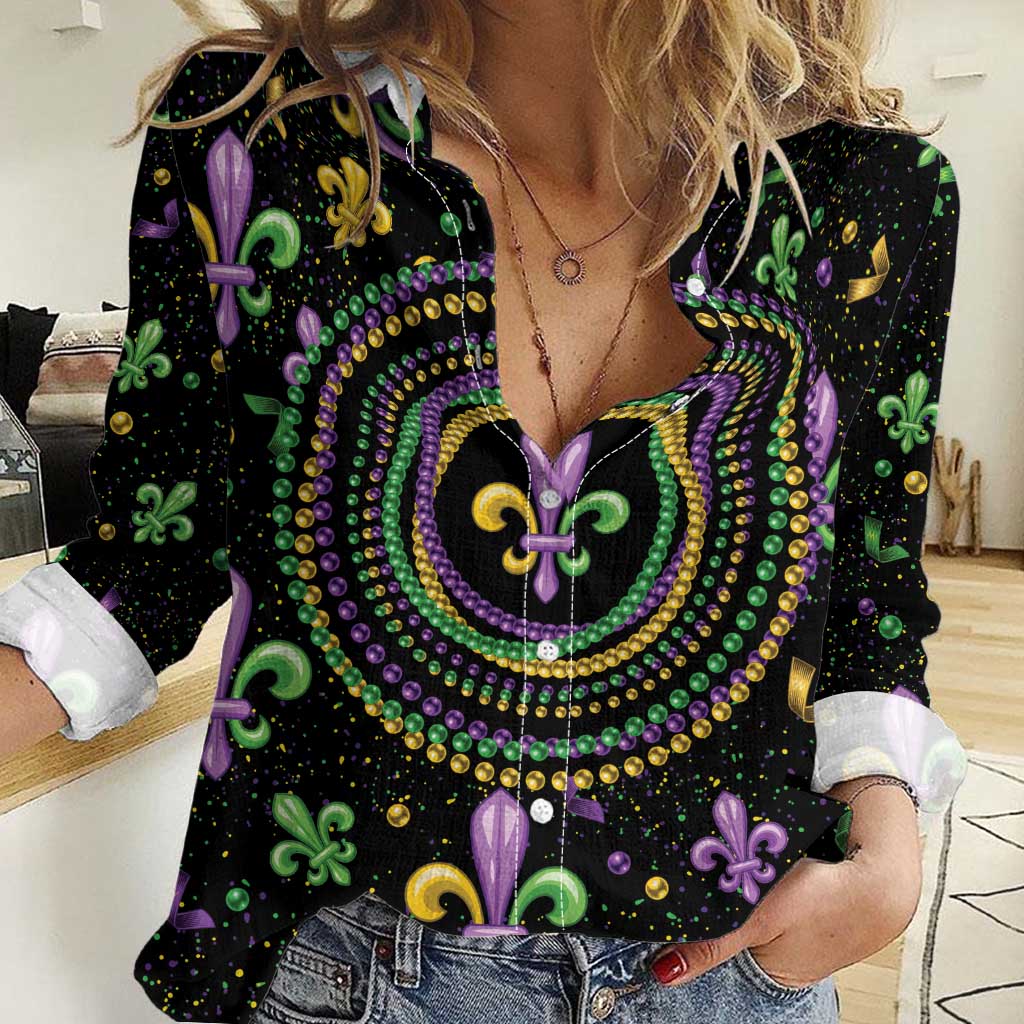 Mardi Gras Fleur De Lis Women Casual Shirt With Round Carnival Beads - Wonder Print Shop