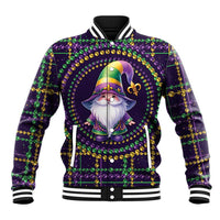 Black baseball jacket with gnome graphic, jeweled bead trim, fleur-de-lis accents