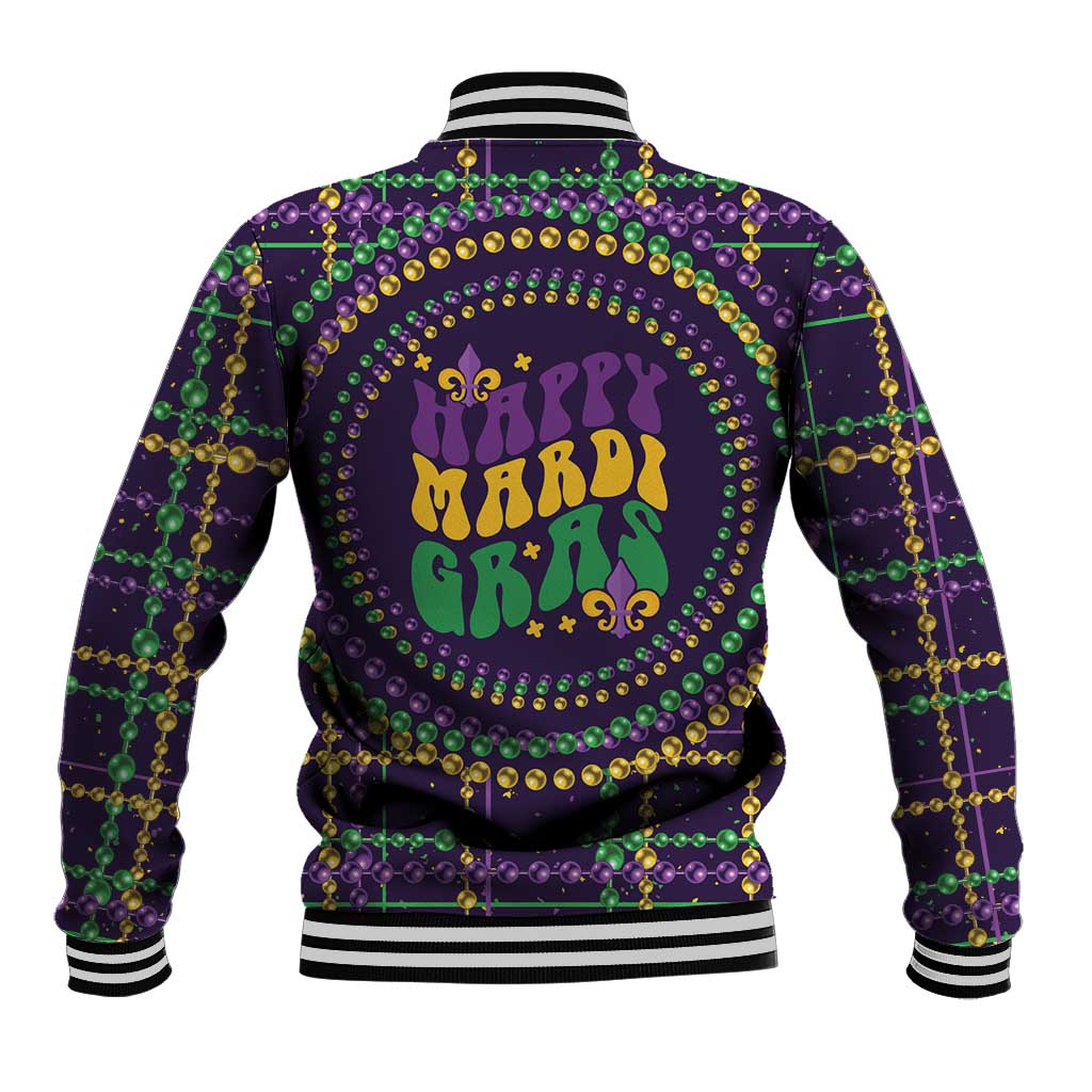 Black baseball jacket back with Mardi Gras text, jeweled bead trim and fleur-de-lis