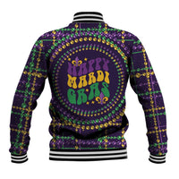 Black baseball jacket back with Mardi Gras text, jeweled bead trim and fleur-de-lis