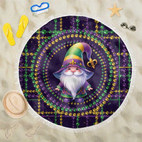 Round beach blanket with purple gnome medallion and green-gold bead pattern, fringed edge