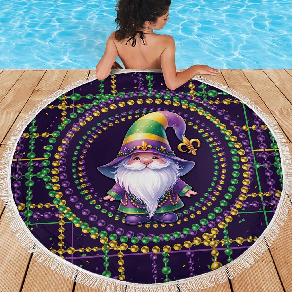 Round beach blanket with purple gnome design, green bead strands, and white fringe