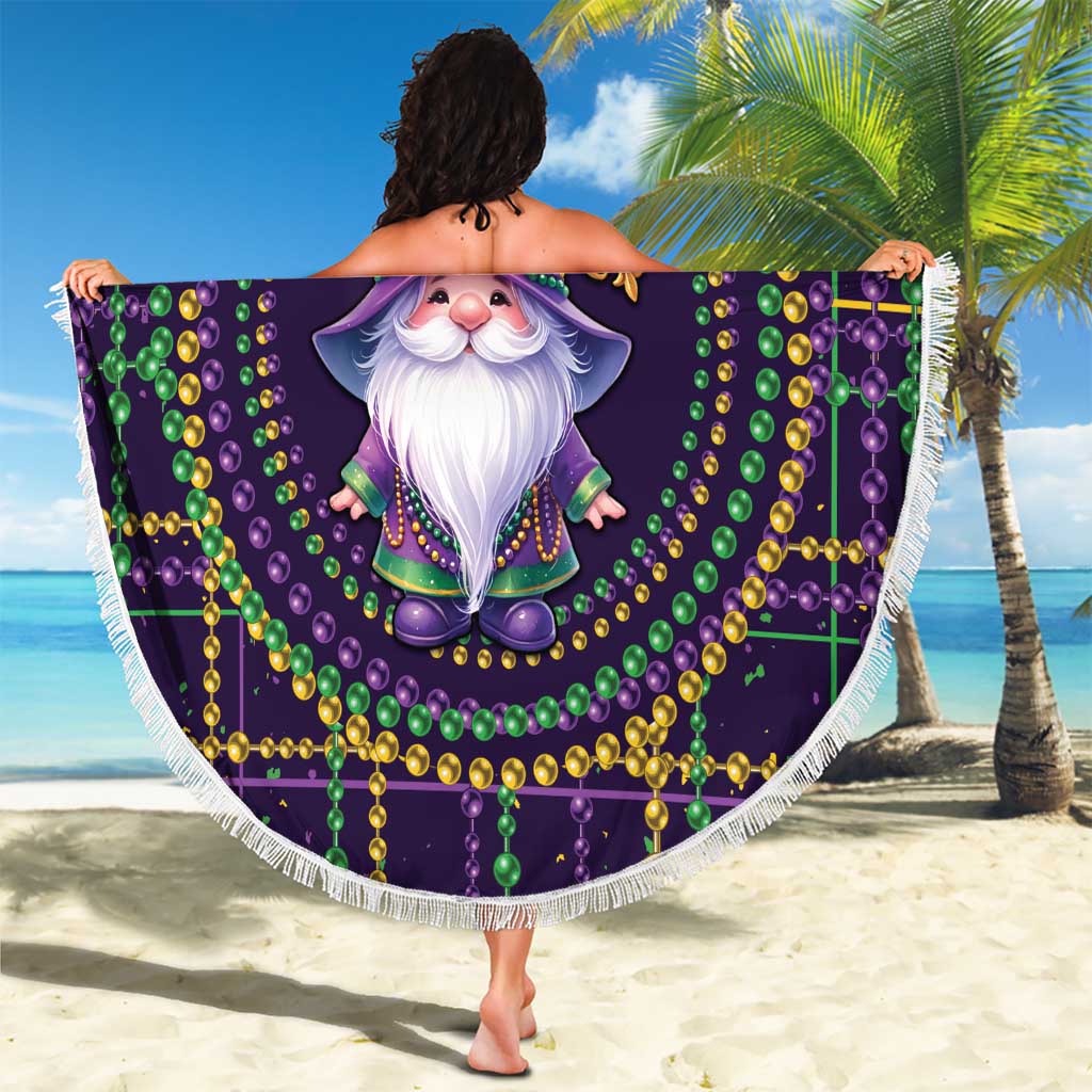 Round beach blanket with gnome in wizard hat, beaded circle pattern, white fringe