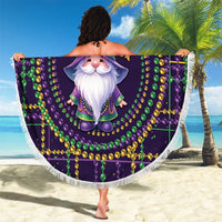 Round beach blanket with gnome in wizard hat, beaded circle pattern, white fringe