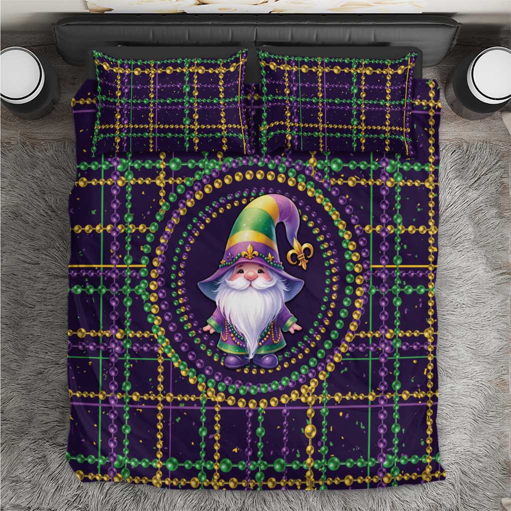 Purple Mardi Gras duvet set with gnome center, bead-and-grid pattern, fleur de lis