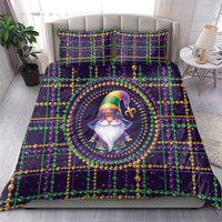 Purple Mardi Gras bedding set with gnome motif, green bead grid, fleur de lis accents