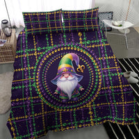 Purple Mardi Gras duvet with gnome circle graphic, green-gold bead grid, fleur de lis