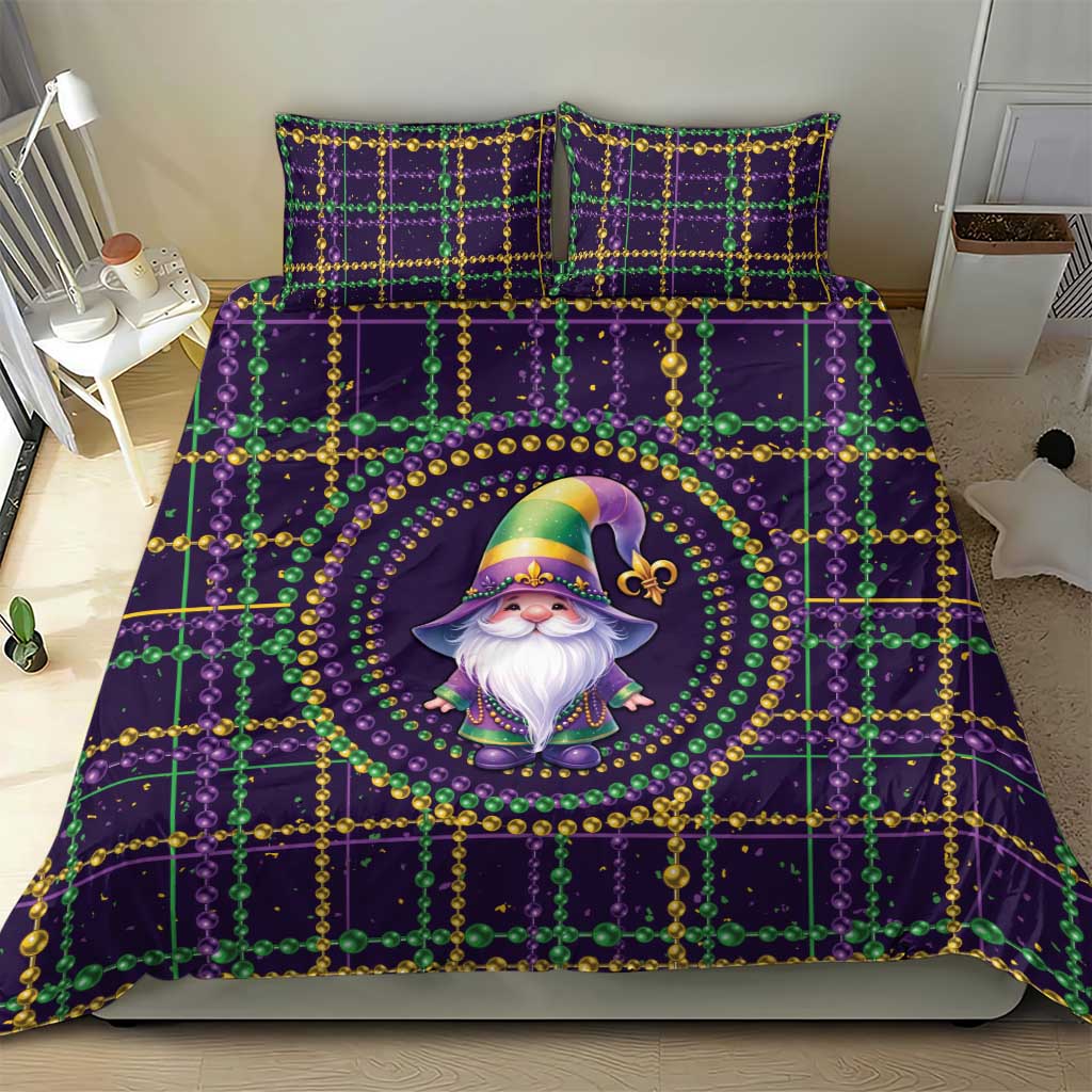 Purple Mardi Gras bedding set on bed, gnome center medallion with bead-and-grid pattern