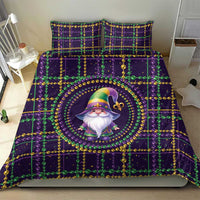 Purple Mardi Gras bedding set on bed, gnome center medallion with bead-and-grid pattern