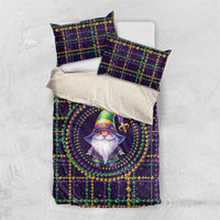 Purple Mardi Gras duvet set with gnome motif and matching pillowcases, bead-grid design