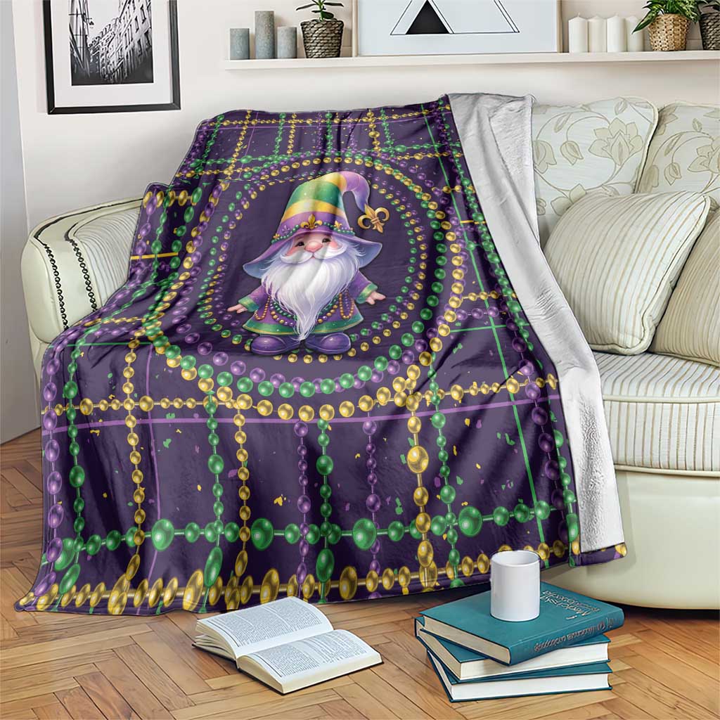 Mardi Gras gnome blanket in dark purple with green and gold bead garland pattern