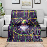 Mardi Gras gnome throw blanket with gnome medallion, green beaded chains on dark purple