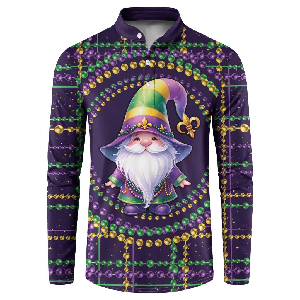 Men's dark purple Mardi Gras gnome button sweatshirt with bead and fleur-de-lis print