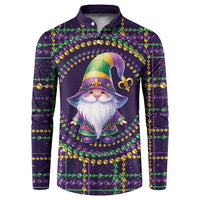 Men's dark purple Mardi Gras gnome button sweatshirt with bead and fleur-de-lis print
