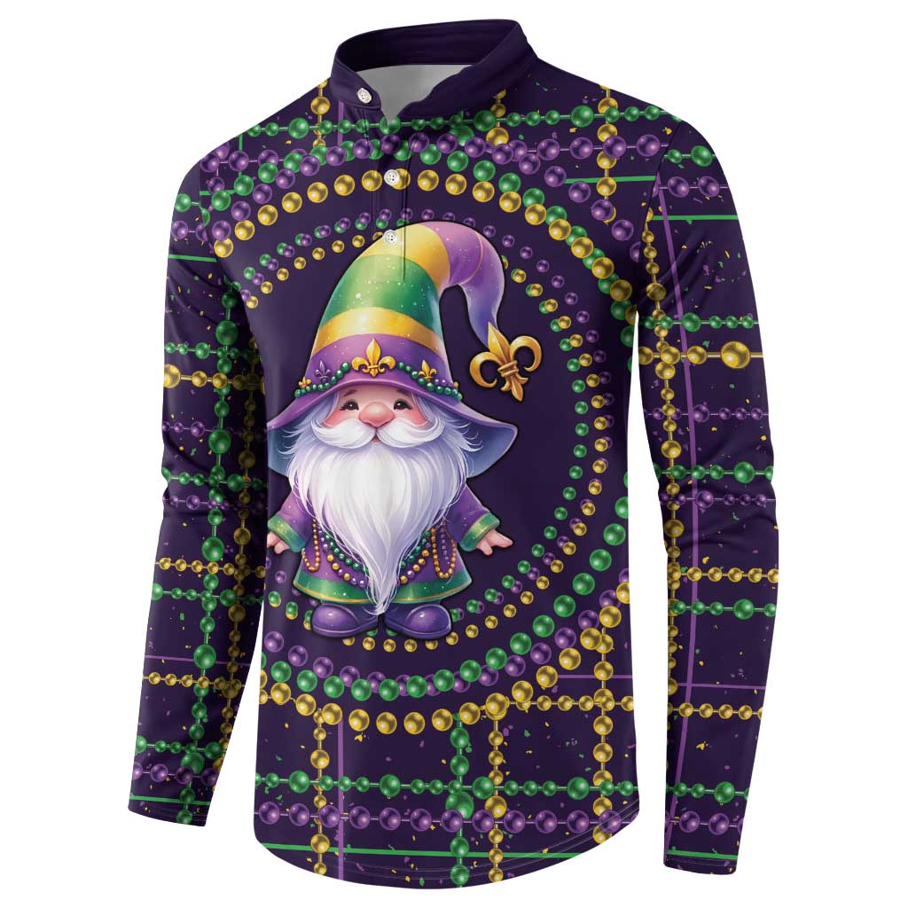 Men's dark purple Mardi Gras gnome button sweatshirt, long sleeves with bead border print