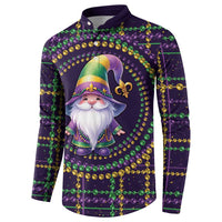 Men's dark purple Mardi Gras gnome button sweatshirt, long sleeves with bead border print